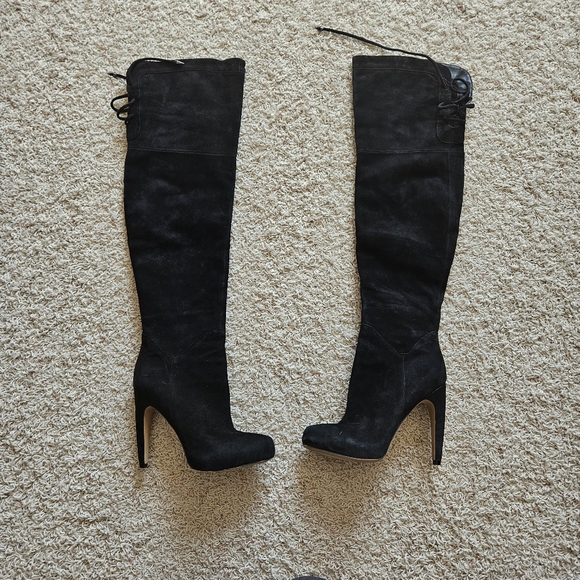 Sam Edelman Kayla Tall Over the Knee Lace Black Suede Heel Boots - Picture 1 of 7